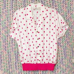 Vintage 80s White + Hot Pink Polka Dot Dolman Top